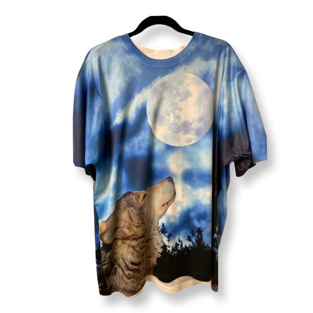 Get A Life AOP Howling Moon Wolf T-Shirt Men’s Short Sleeve 100% Polyester 3XL
